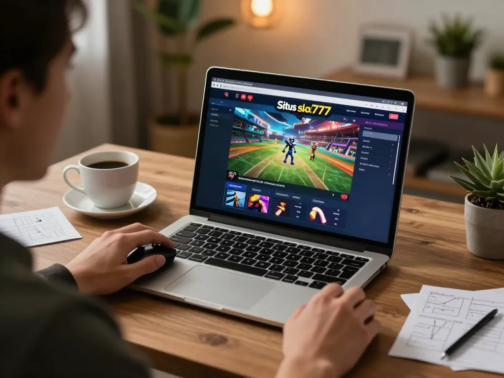 Situs slot777 gaming session in a stylish home office, showcasing an engaging online casino experience.