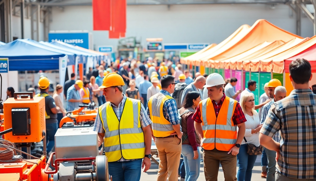 Engaged attendees at construction events interacting with displays and equipment.