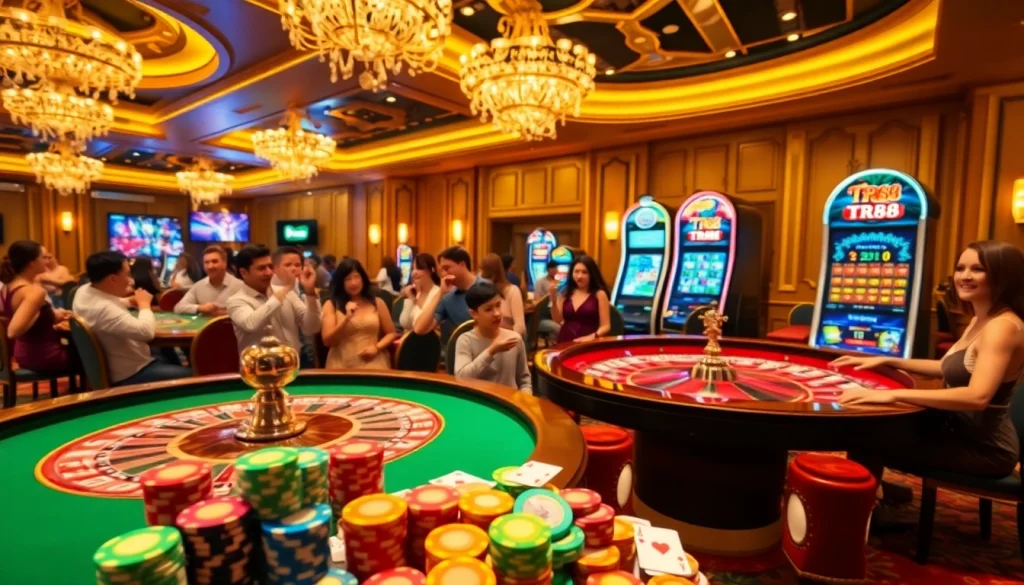Experience the thrill of TR88 with a glamorous casino scene featuring a roulette table and vibrant gaming ambiance.