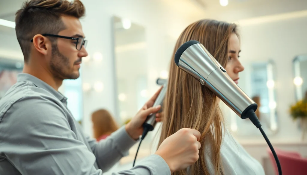 Stylist demonstrating hair dryer for frizzy hair in a bright, modern salon setting.
