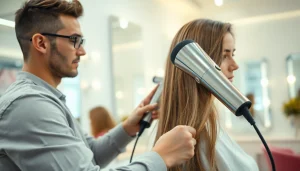 Stylist demonstrating hair dryer for frizzy hair in a bright, modern salon setting.