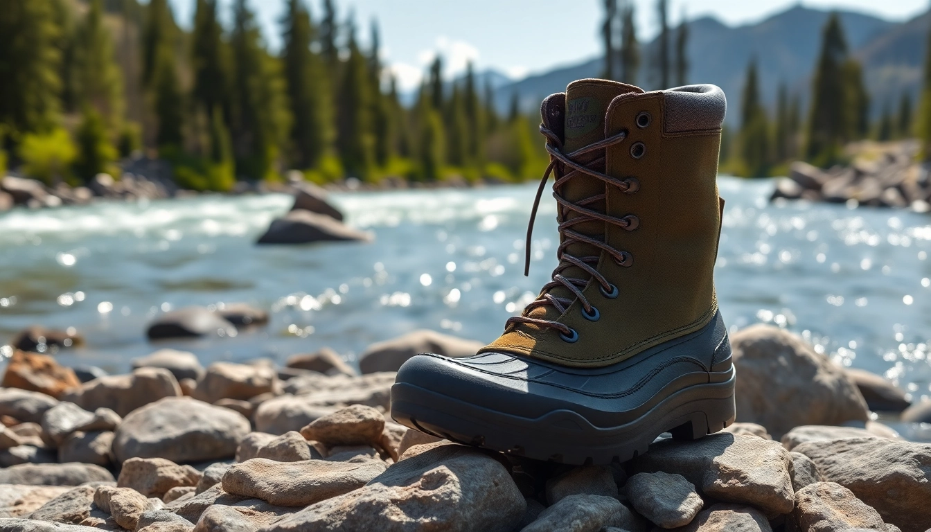 Showcasing durable fly fishing boots on a riverbank to enhance your fishing experience.