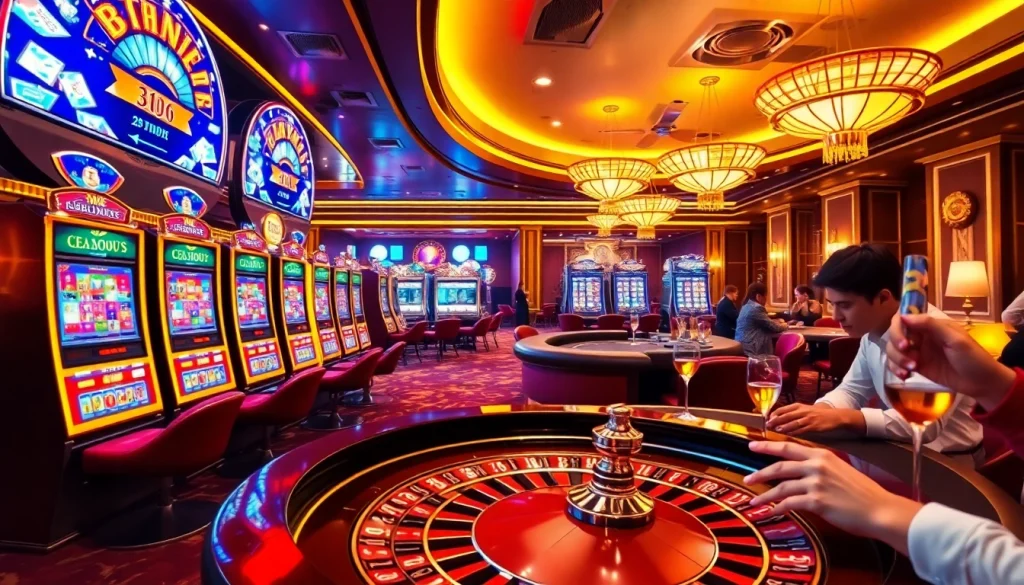 A thrilling casino scene showcasing slot machines and poker gameplay at https://gg88.gold/, radiating excitement and luxury.