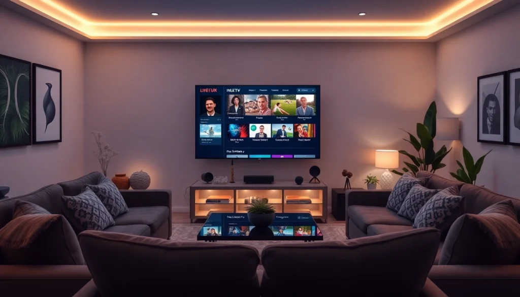 Experience live tv streaming in a stylish home entertainment setup with cozy seating and ambient lighting.