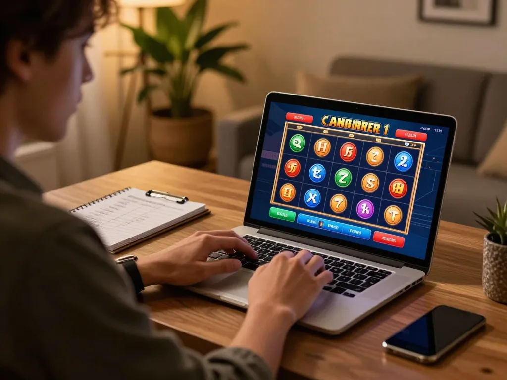 Engaging in slot bet kecil online gaming session on a stylish laptop while strategizing.