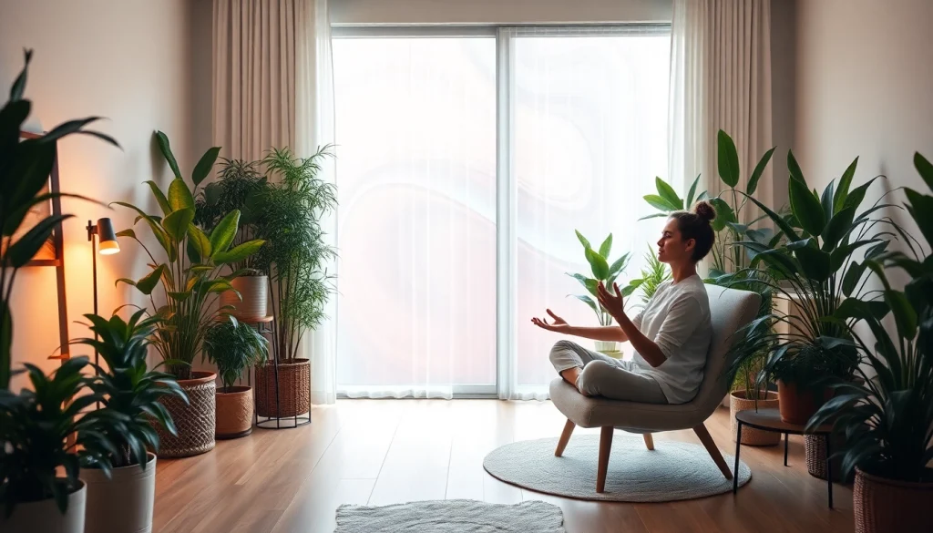 An individual meditating in a cozy room, illustrating anxiety symptoms through abstract background colors.