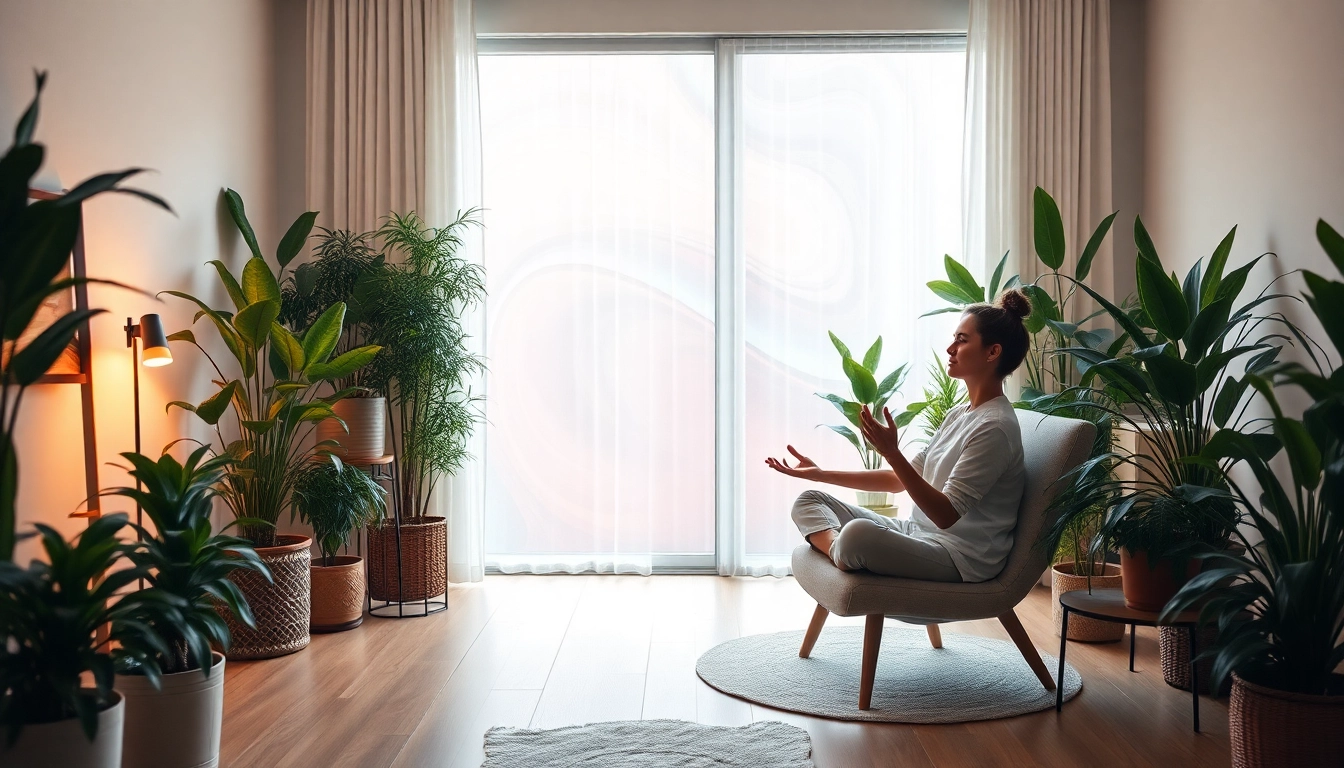 An individual meditating in a cozy room, illustrating anxiety symptoms through abstract background colors.