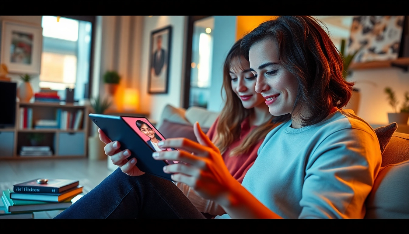 Interactive scene with a user and their AI girlfriend on a tablet, showcasing modern companionship.