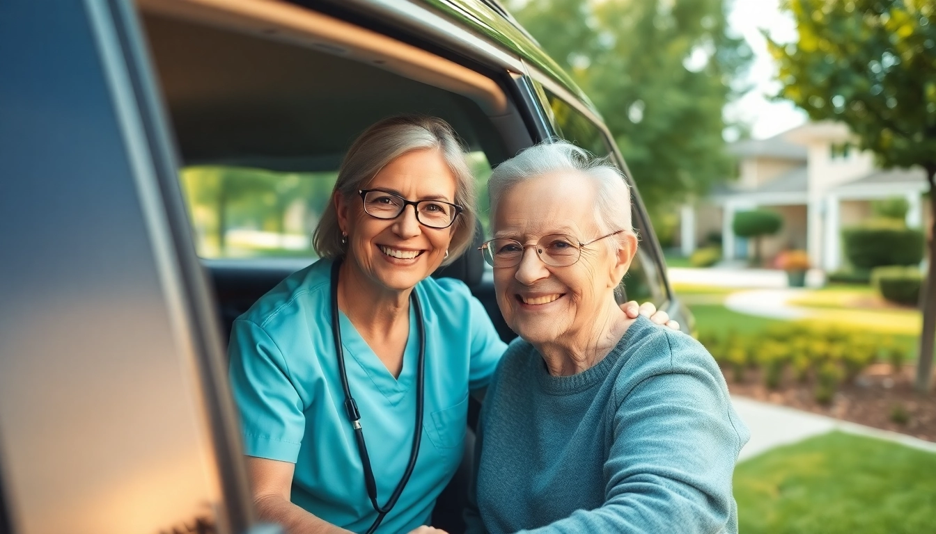 Providing elderly transportation services with a caregiver assisting a senior entering a vehicle.