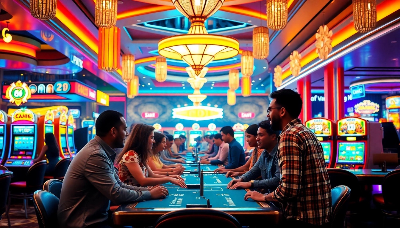 Permainan dewa live di kasino dengan pemain bersemangat dan lampu yang berkilauan.