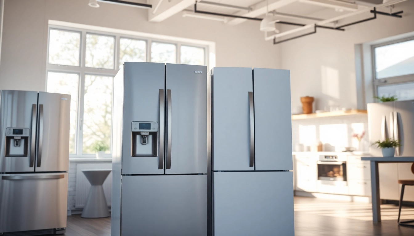 Engaging display of refrigerator sales showcasing diverse and modern appliances in a bright showroom.