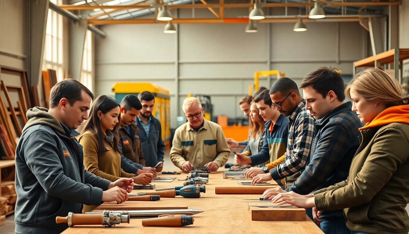 Engaging construction training programs in an interactive workshop, showcasing diverse trainees.