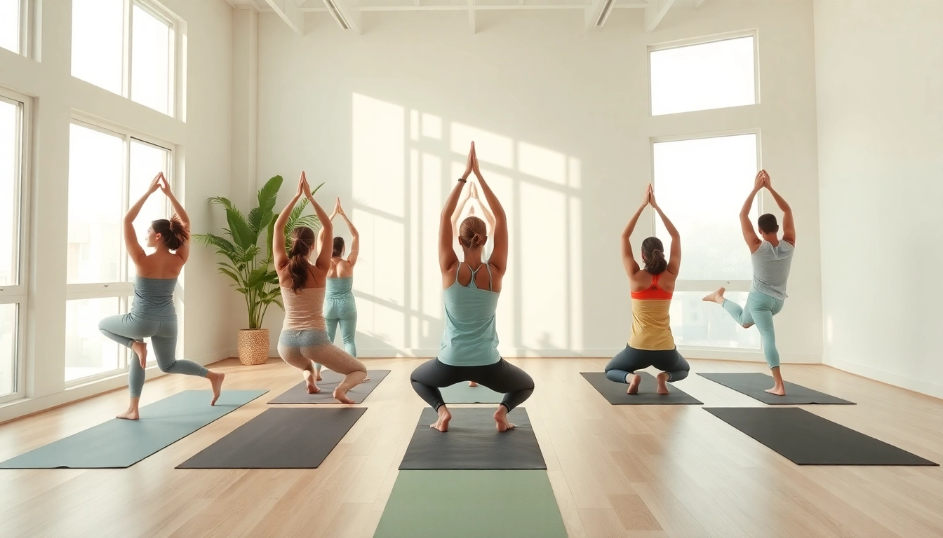 自然光が差し込む穏やかで魅力的な雰囲気のホットヨガスタジオで、多様な参加者を紹介し、ホットヨガおすすめを強調。