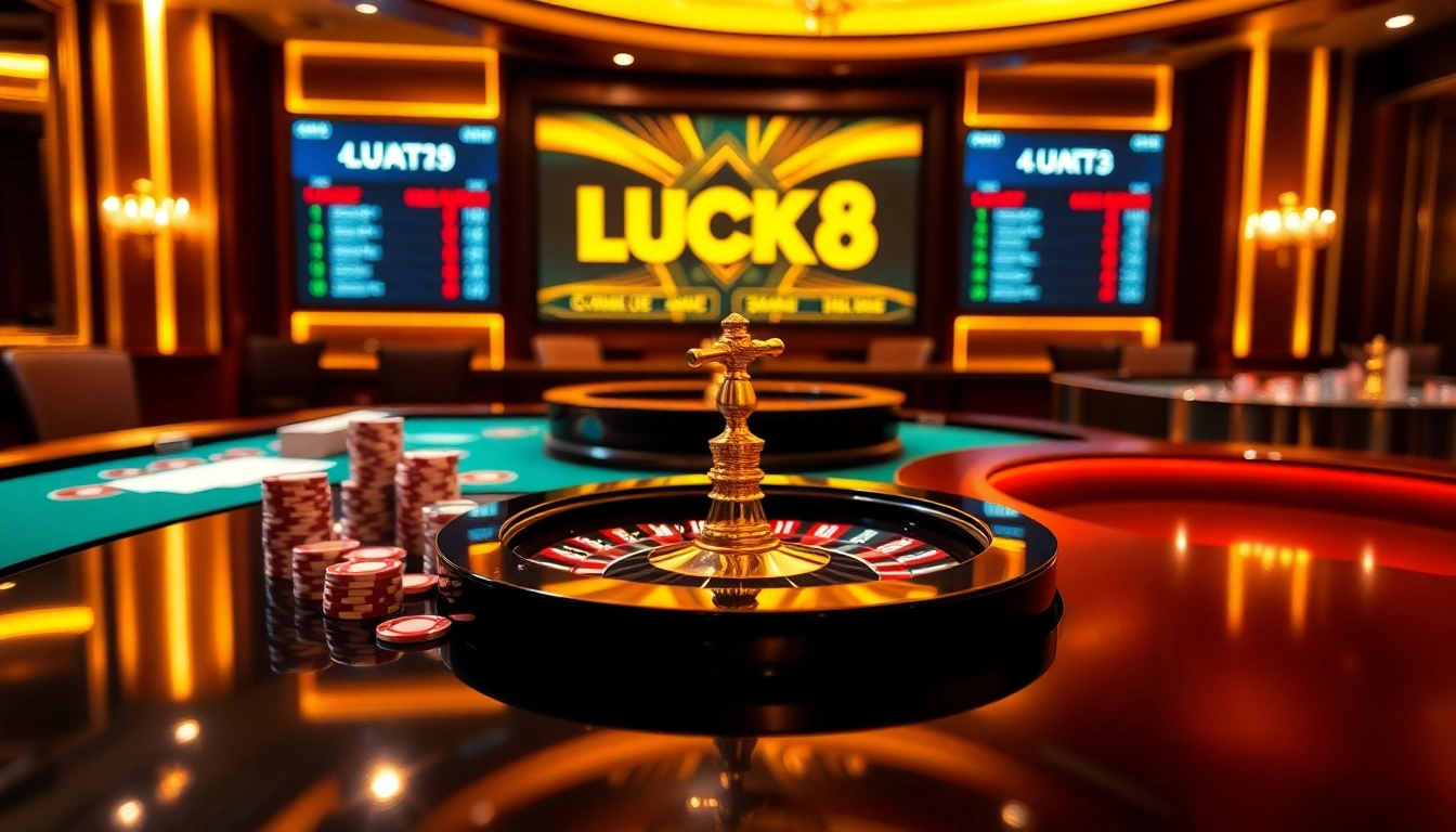 LUCK8 offers a premium online casino experience with vibrant poker tables and engaging gambling visuals.