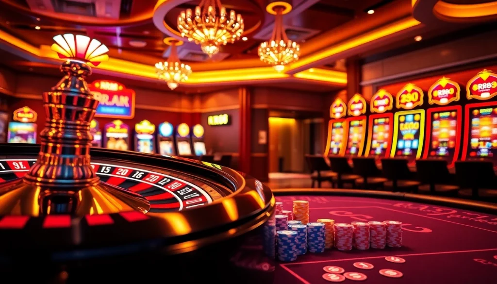 RR88 casino scene featuring a spinning roulette wheel, vibrant slot machines, and an inviting poker table.