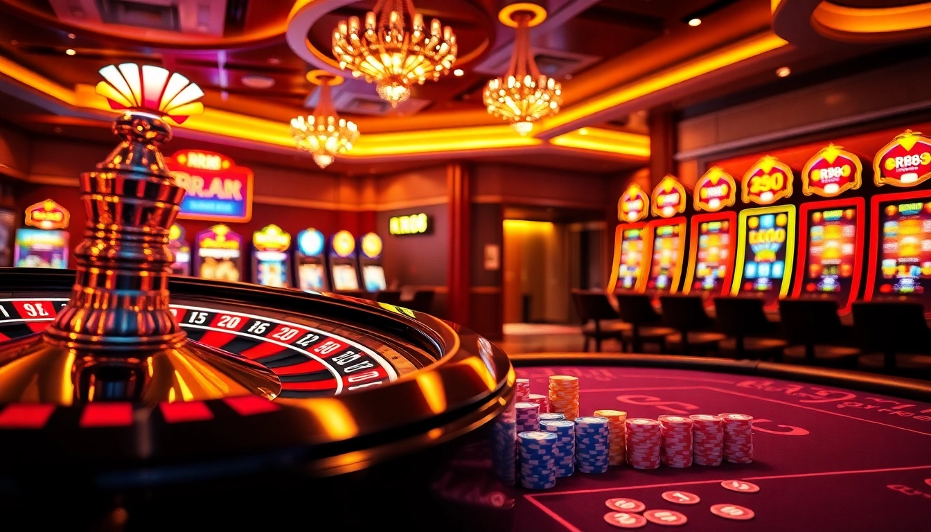 RR88 casino scene featuring a spinning roulette wheel, vibrant slot machines, and an inviting poker table.