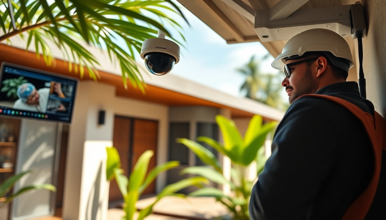 Técnico experto de una empresa de seguridad instalando cámaras de alta tecnología en una vivienda de Guanacaste.