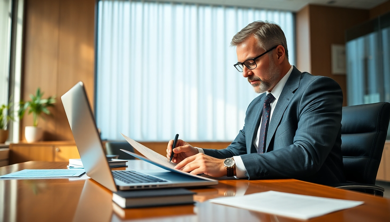 Anwalt Strafrecht in einer modernen Kanzlei, aufmerksam am Schreibtisch.