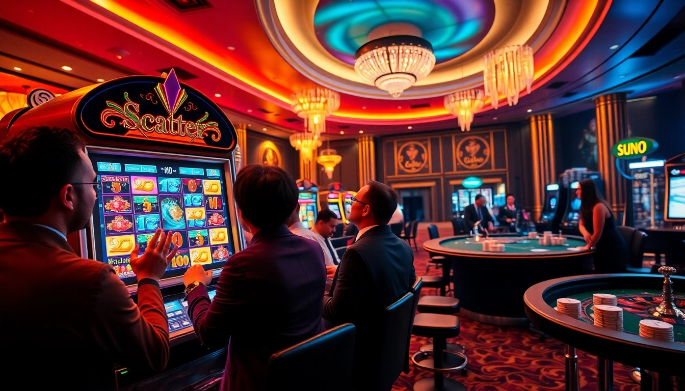 Experience the thrill of the slot scatter hitam with vibrant casino visuals of players enjoying big wins.