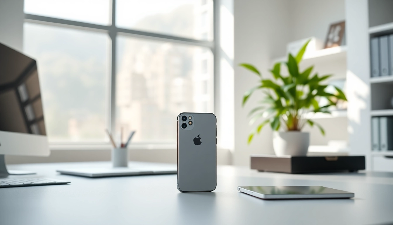 iPhone w nowoczesnym biurze z eleganckim designem i naturalnym światłem.