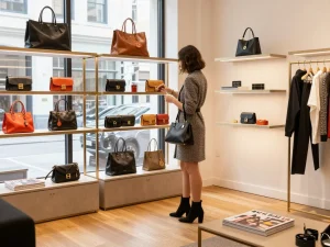 Model showcasing stylish 레플리카 handbag in a chic boutique setting.