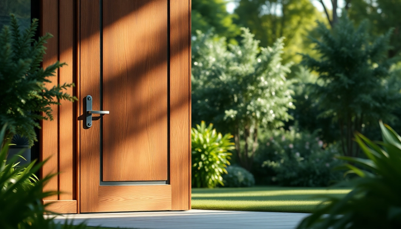 Stunning modern doors enhancing a tranquil garden setting with elegant craftsmanship.