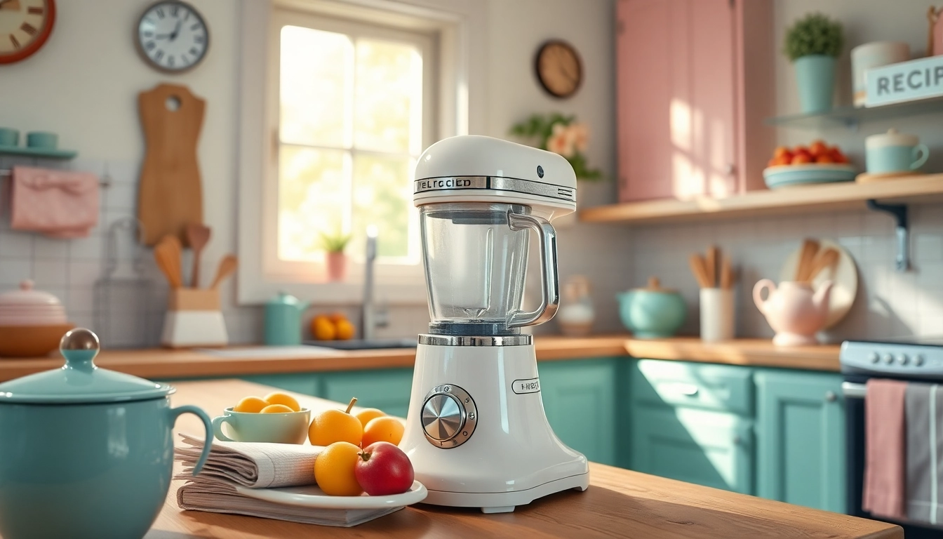 Retro Appliance blender adorned with vintage decor in a bright kitchen setting.