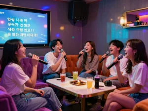 부평쓰리노에서 활기찬 노래방 밤을 즐기는 친구들, 다채로운 조명과 즐거운 분위기.