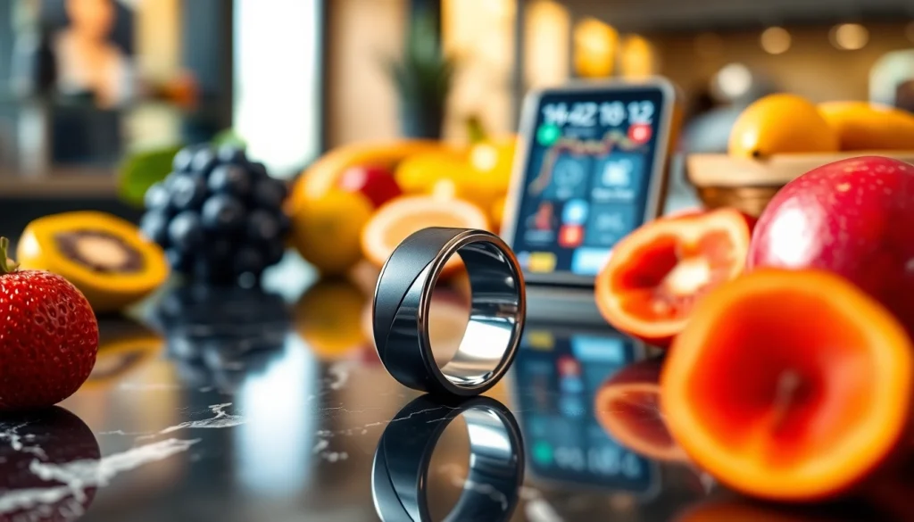 Smart Health Ring showcasing health tracking features on a sleek surface.