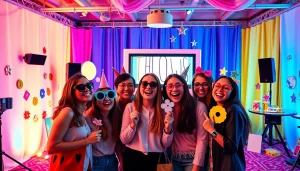 Enjoying a fun moment at a photo booth Chicago with colorful props and bright decor.