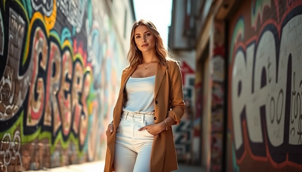 Woman showcasing her white jeans women style against a colorful urban backdrop.