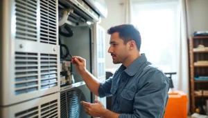 Expertly performing HVAC Repair Tampa, technician inspects air conditioning unit in bright home.