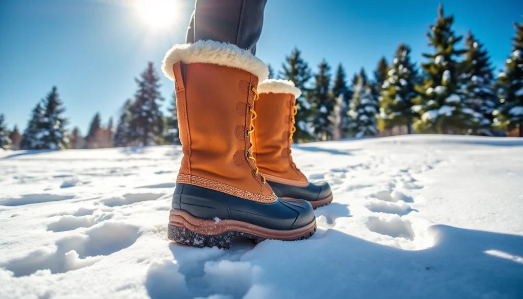 Showcasing insulated snow boots in a snowy environment, designed for warmth and comfort in winter adventures.
