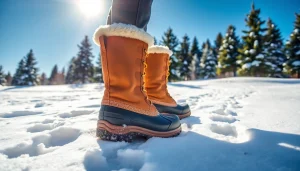 Showcasing insulated snow boots in a snowy environment, designed for warmth and comfort in winter adventures.