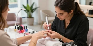 Freză electrică de unghii într-un salon de înfrumusețare, prezentând artă de unghii vibrantă și o atmosferă profesională.