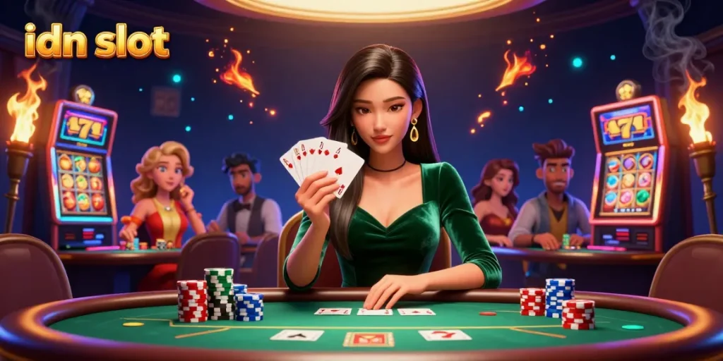 Experience thrilling idn slot gameplay with vibrant visuals and detailed characters at a luxury poker table.