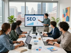 New York SEO Services team collaborating in modern office with analytics and strategy presentations.