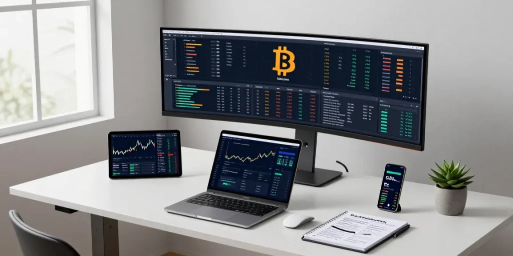 Bitcoin mining service statistics displayed on monitors in modern crypto trading workspace with secure wallet and analysis tools.