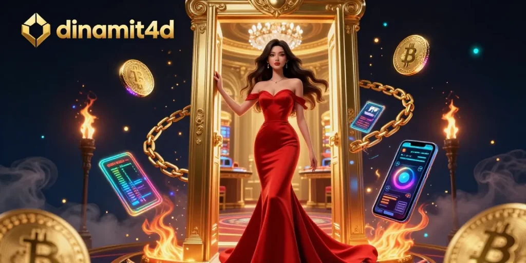 Spin your luck with dinamit4d, where a glamorous Asian woman awaits in a vibrant casino doorway.