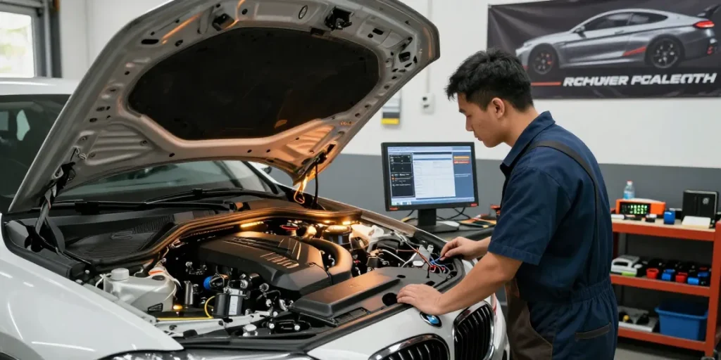 Chiptuning Hannover: Professioneller Mechaniker arbeitet an BMW Motor für optimale Leistung
