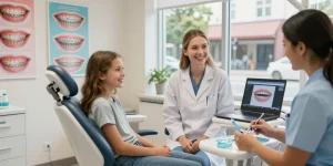 Hawthorn orthodontics consultation scene with Dr. Carolyn and a teenage patient in a friendly clinic setting, showcasing braces options.