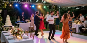 DJ für Hochzeit Berlin - Fröhliche Tanzfläche mit DJ, festlich dekorierten Tischen und tanzenden Gästen