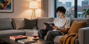Youthful adult exploring NSFW content on a tablet in a cozy urban living room