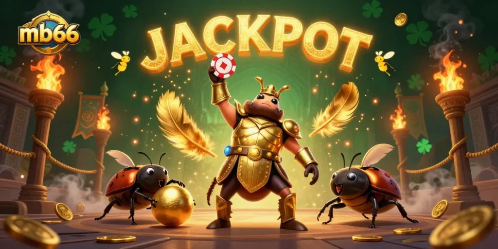 Experience the thrill of mb66 as a heroic beetle lifts a poker chip in a vibrant casino showdown.