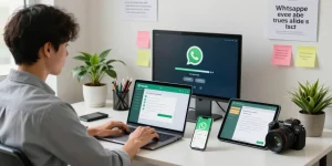 Dynamic workspace showcasing the WhatsApp下載 process with devices and motivational setting.