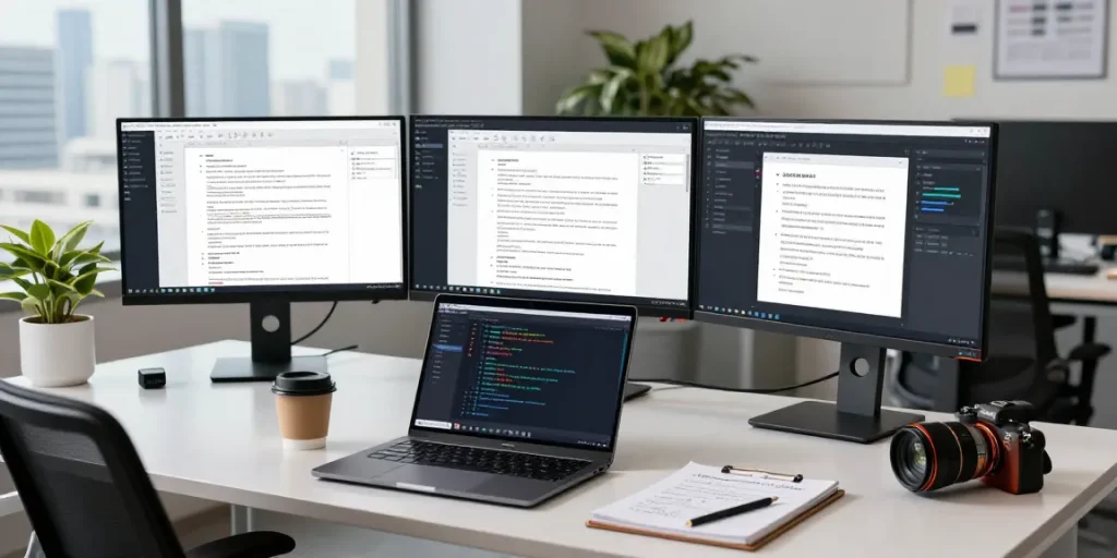 Data analyst detecting fraud in PDF documents using advanced AI technology in a modern office.