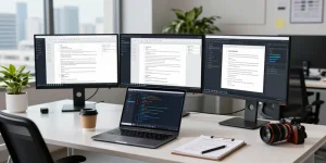 Data analyst detecting fraud in PDF documents using advanced AI technology in a modern office.
