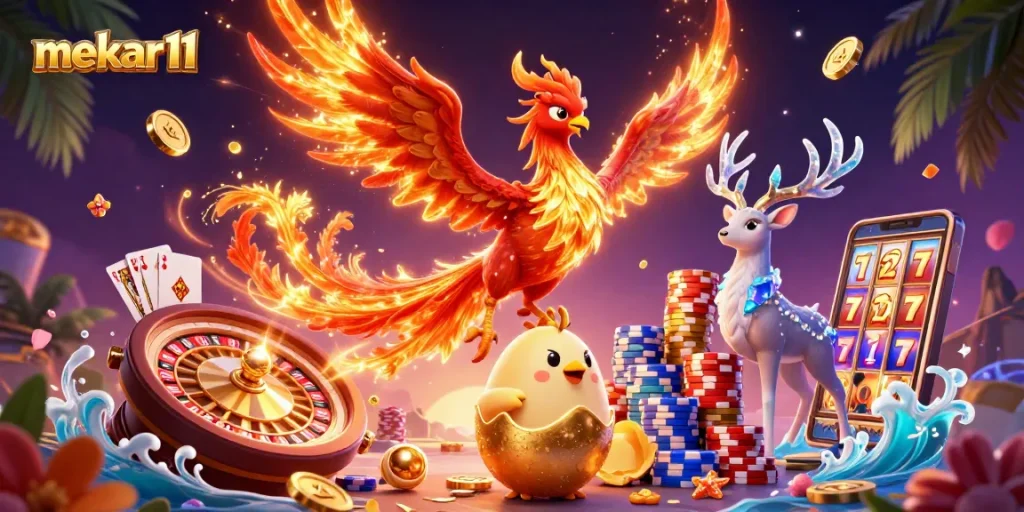 Engage with mekar11's vibrant 3D casino scene featuring a phoenix, golden coins, and dynamic game elements.