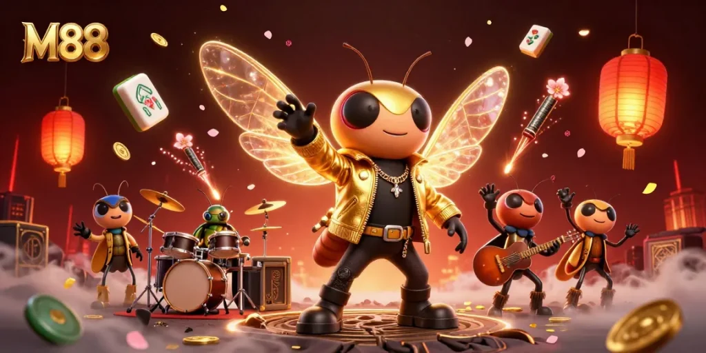 M88 engages players with vibrant and energetic 3D casino illustration showcasing rock star themes.