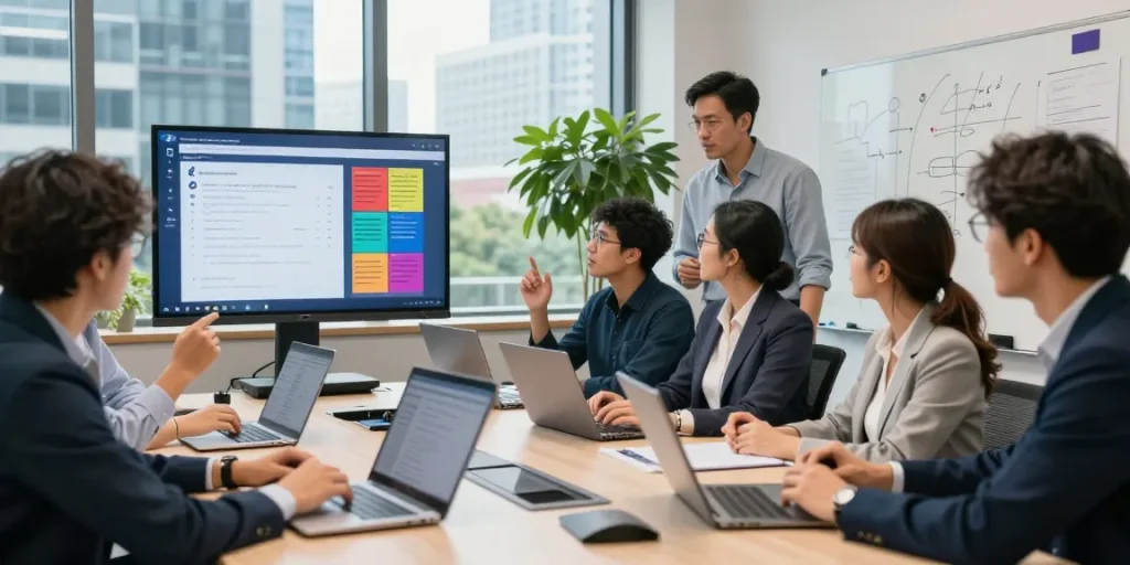 Dynamic collaboration at a fb marketing agency in kl, showcasing strategic discussions and analytics.